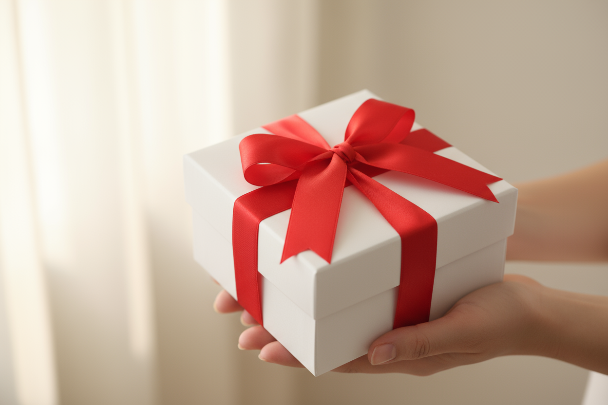 lag en firkantet eske med rødt bånd. 2 hender holder den